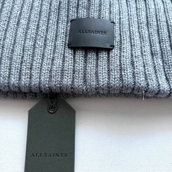 ALLSAINTS Travelling Rib Cuff Patch Beanie Hat Grey Marl
